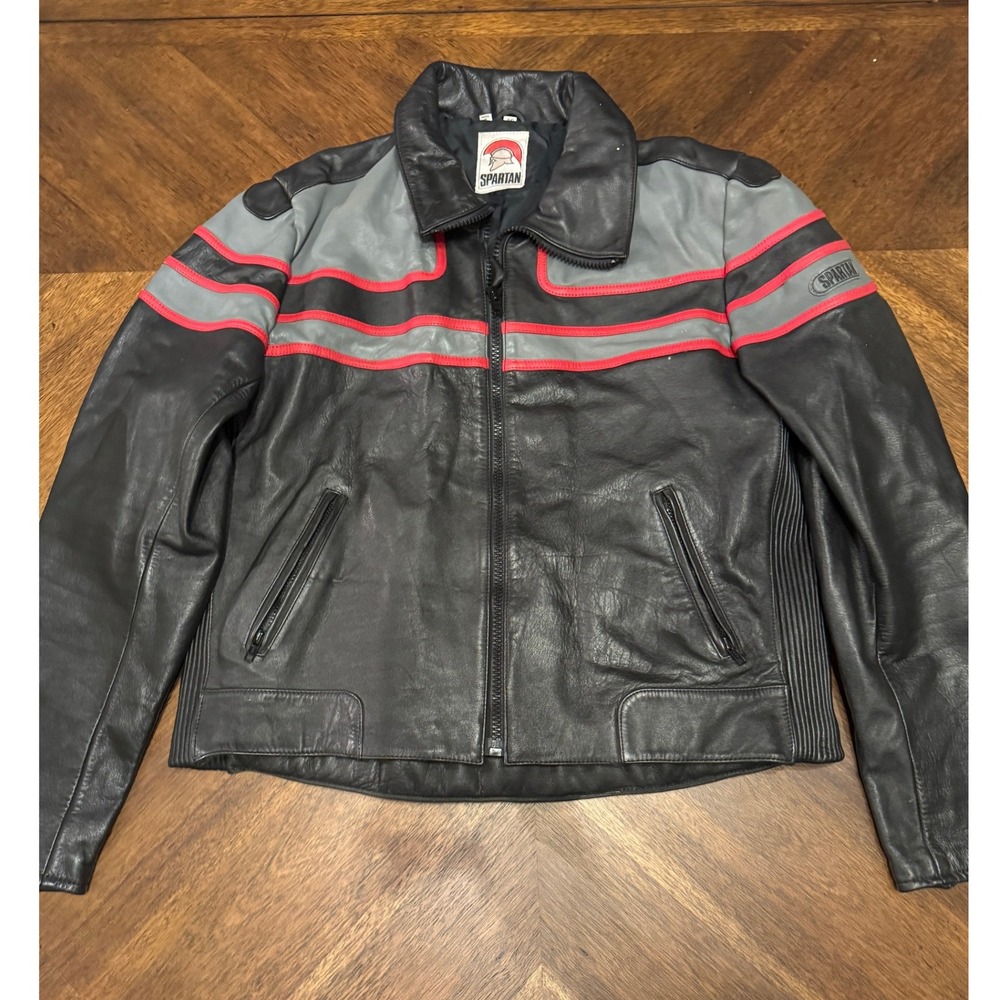 Spartan Leather Motorcycle Jacket Black Gray Red Racing Stripes Size 48 |R1‎